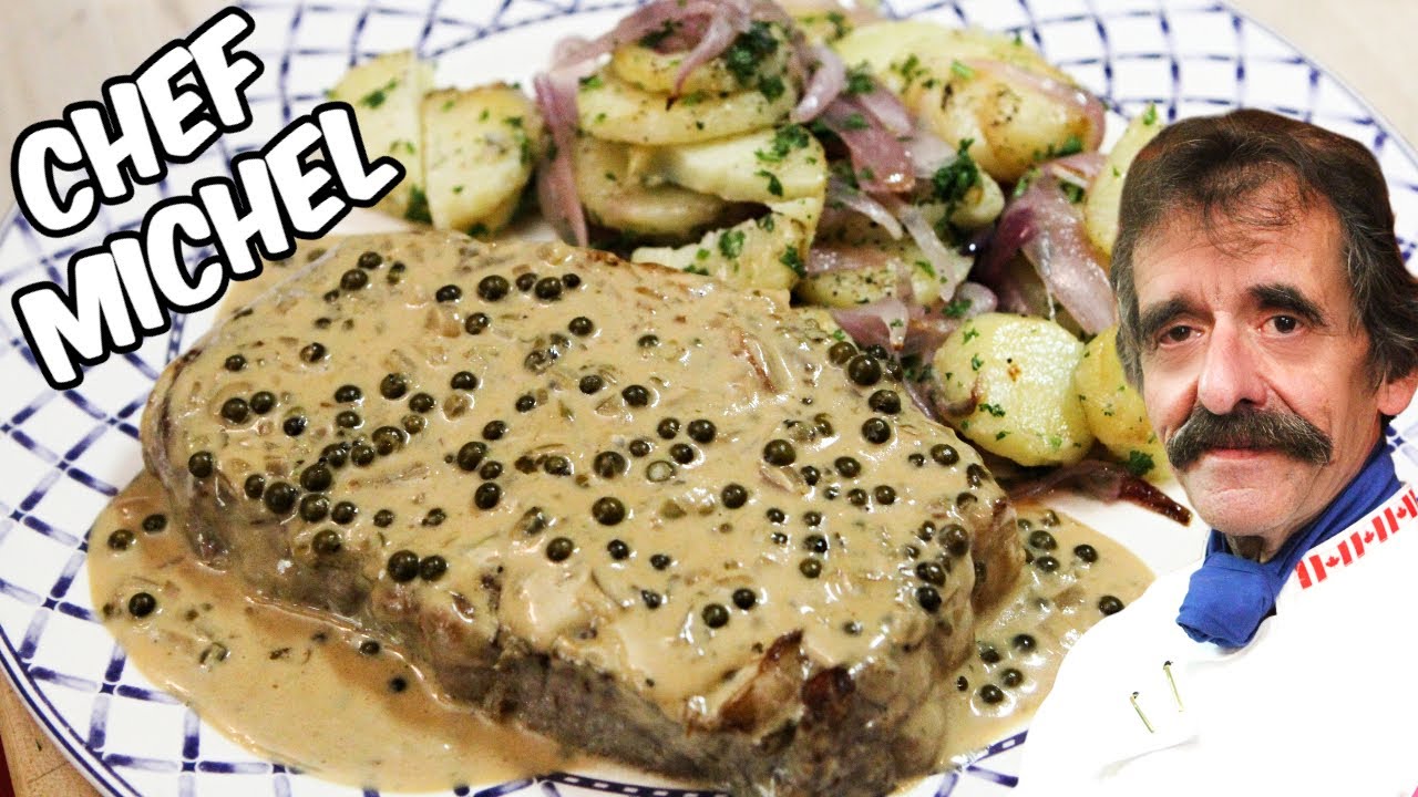 steak au poivre vert avec pommes de terre lyonnaise