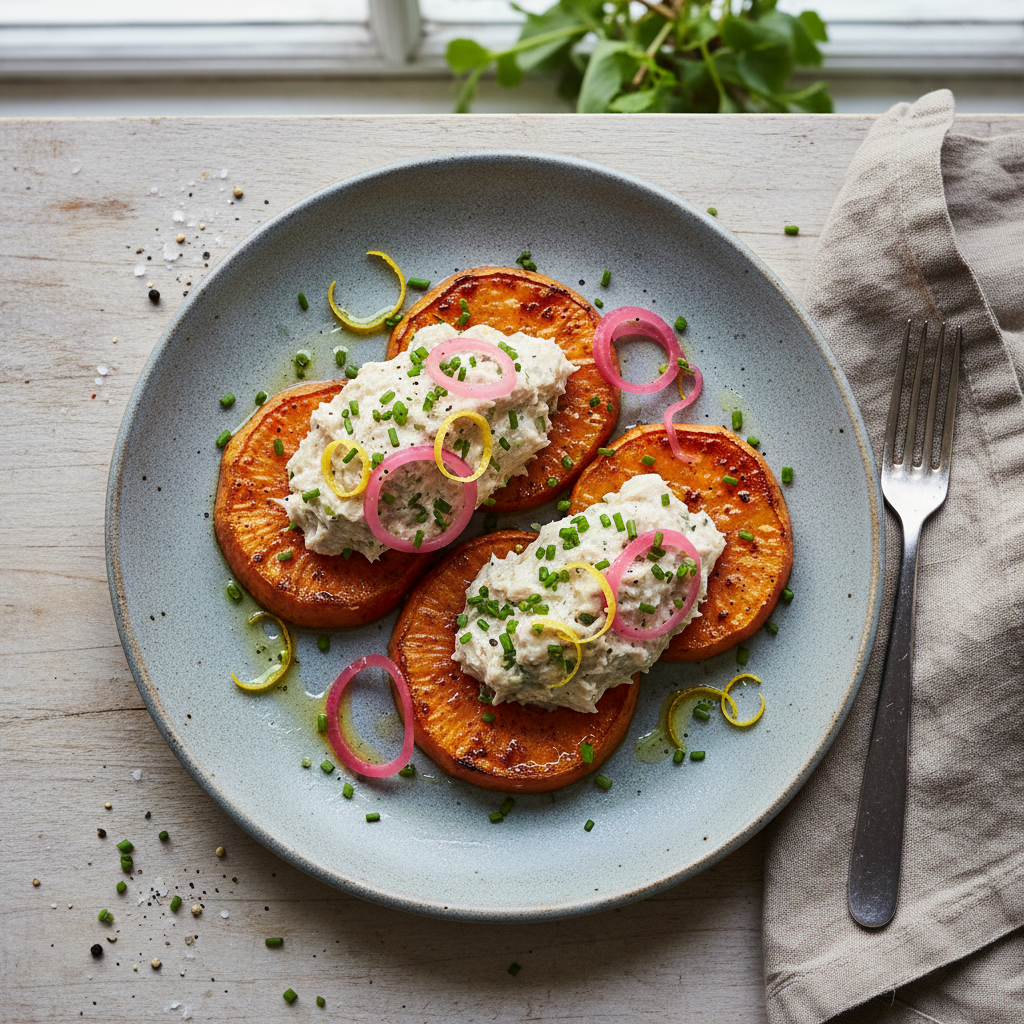 savourez un dîner délicieux et équilibré avec nos patates douces rôties accompagnées de rillettes de hareng fumé, une combinaison gourmande et raffinée qui ravira vos papilles.
