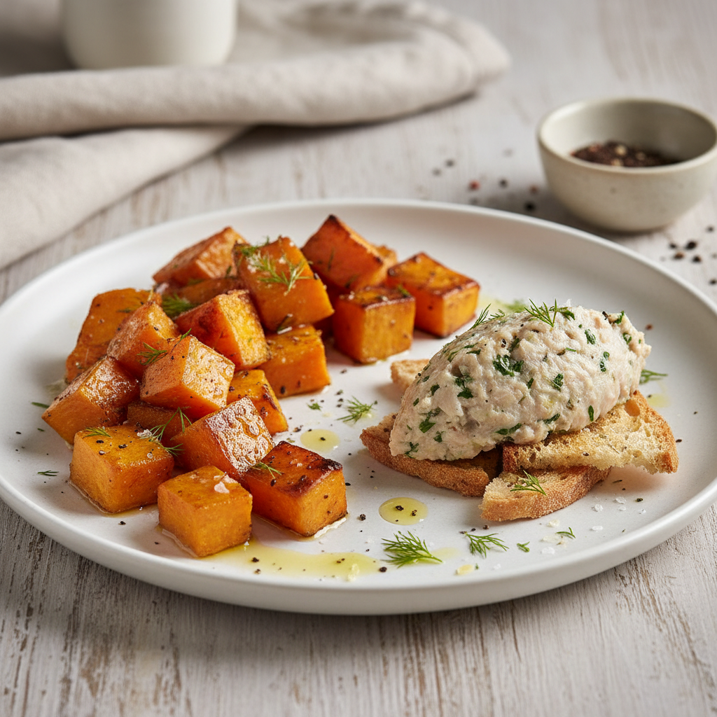 savourez un dîner équilibré avec nos patates douces rôties et rillettes de hareng fumé, une combinaison gourmande et raffinée pour toutes vos envies.