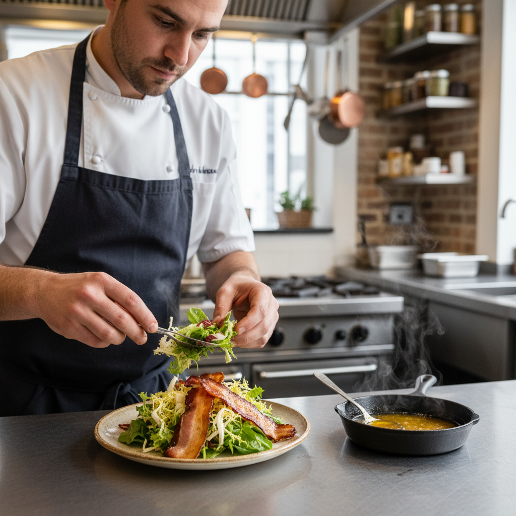 découvrez la recette gourmande et moderne d'olivier houzet, chef étoilé du restaurant sel et poivre, qui réinvente la salade au lard avec créativité et finesse.
