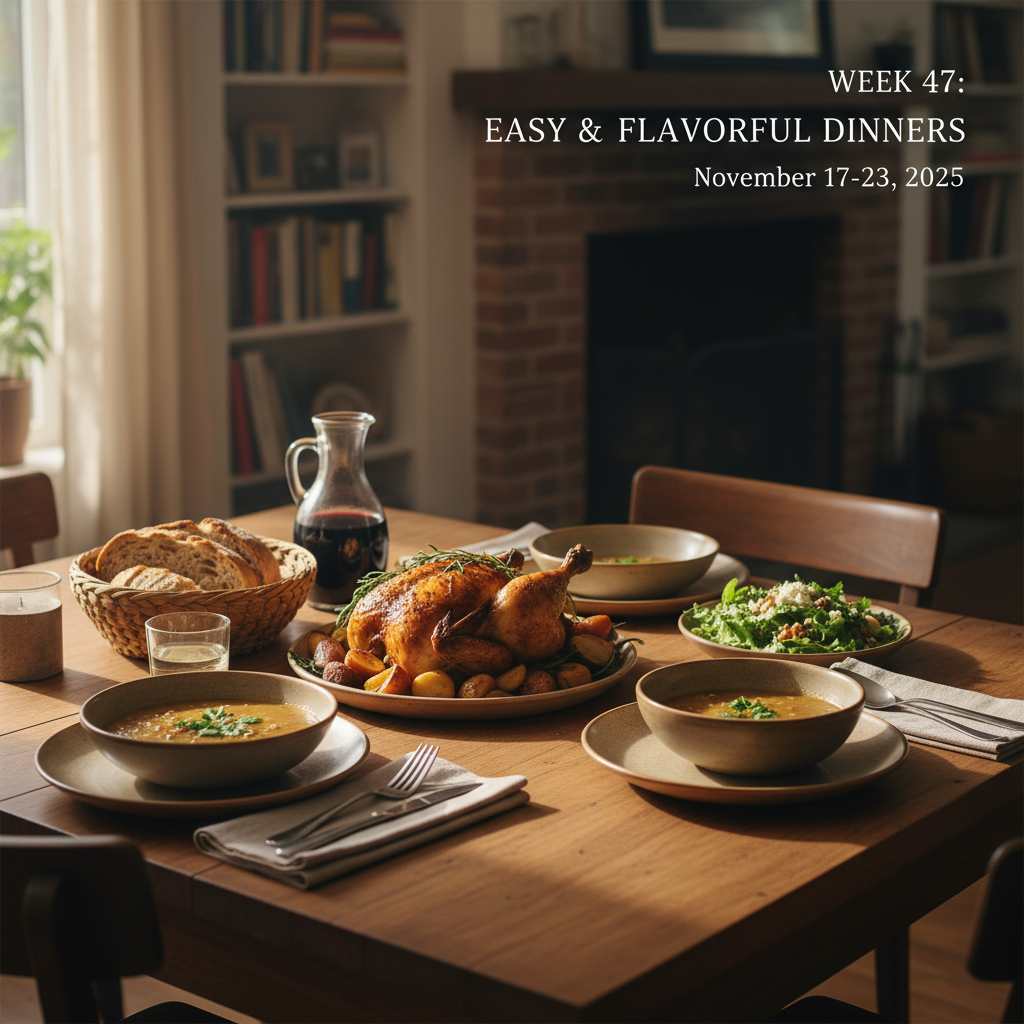 découvrez nos recettes simples et savoureuses pour la semaine 47 (17-23 novembre 2025) et régalez toute votre famille avec des dîners faciles à préparer.