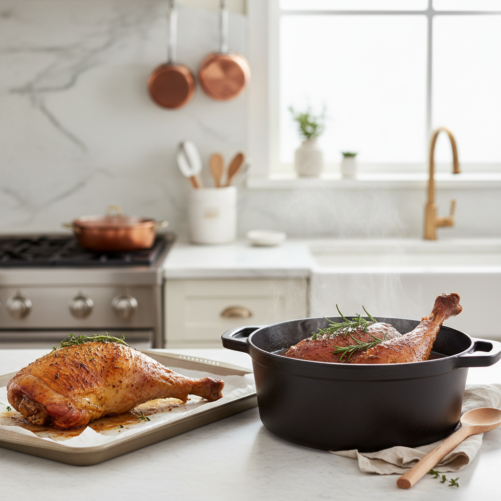 découvrez comment choisir le temps de cuisson idéal pour les cuisses de dinde, en comparant la cuisson au four et en cocotte pour des résultats savoureux et tendres.