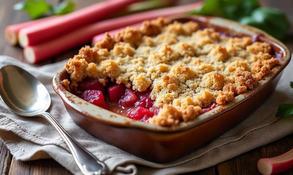 découvrez notre recette facile et gourmande de crumble à la rhubarbe, un dessert acidulé fait maison parfait pour régaler vos papilles.