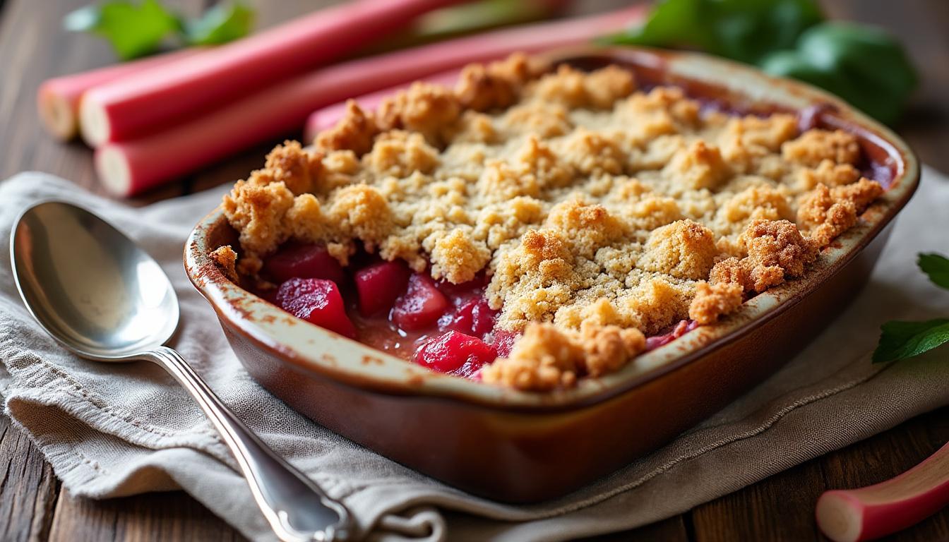 découvrez notre recette facile et gourmande de crumble à la rhubarbe, un dessert acidulé fait maison parfait pour régaler vos papilles.