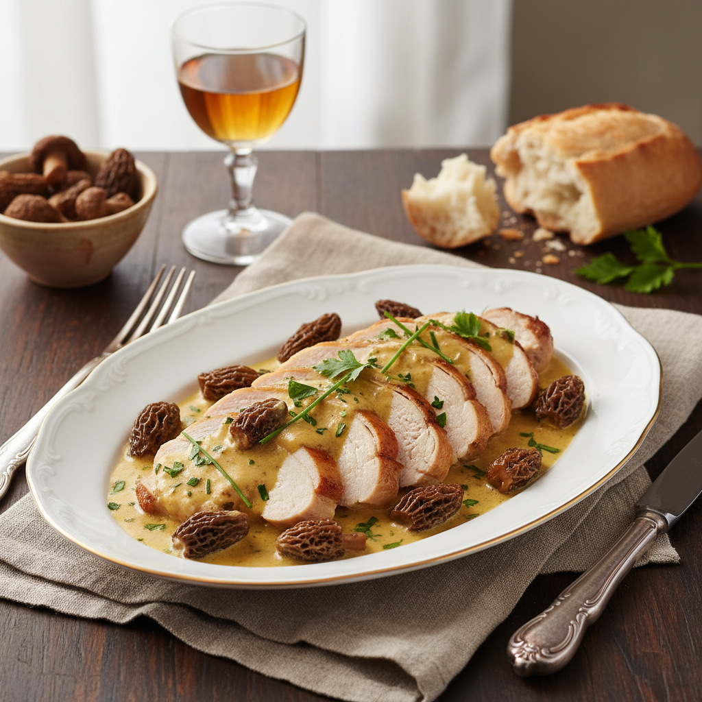 savourez le poulet aux morilles et vin jaune, une spécialité festive et raffinée du jura, parfaite pour vos repas d'exception.