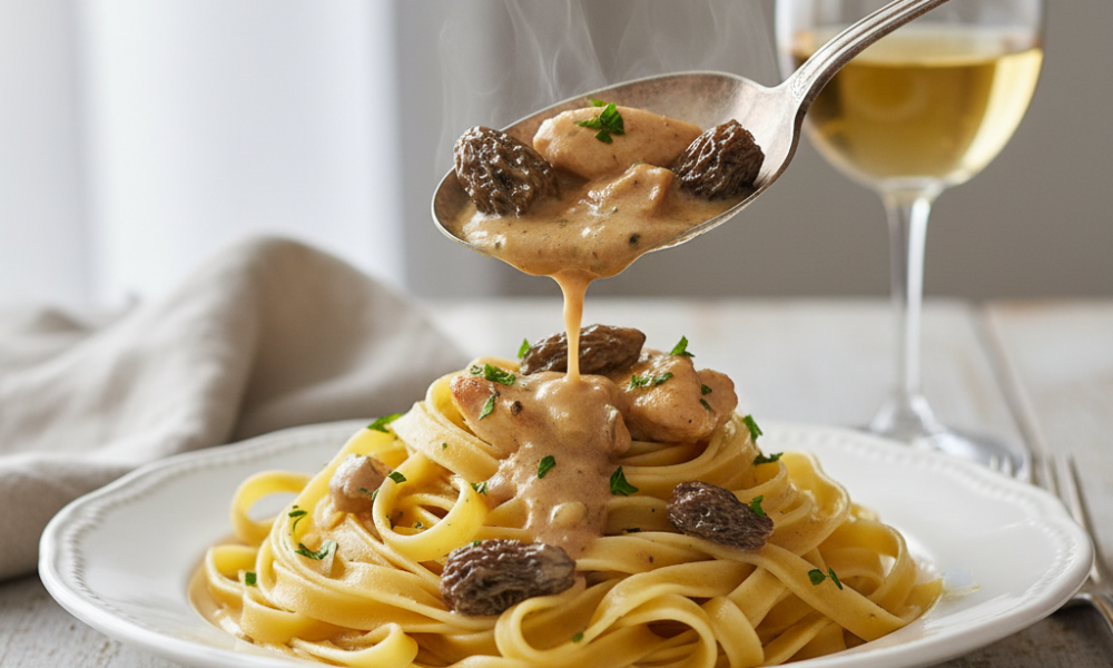 savourez le poulet aux morilles et vin jaune, un plat festif et raffiné typique du jura, alliant saveurs gourmandes et tradition régionale.