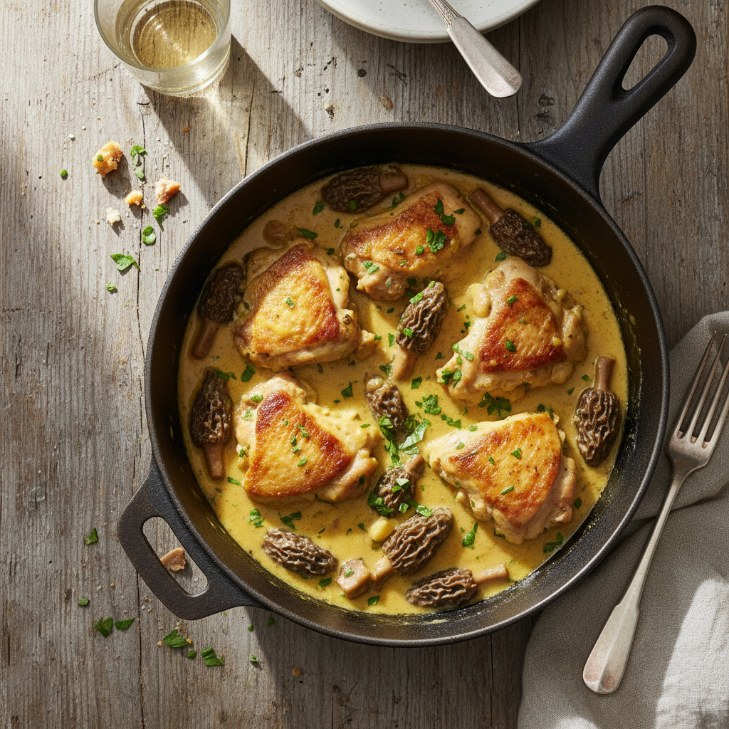 savourez le poulet aux morilles et vin jaune, un plat festif et raffiné emblématique du jura, alliant saveurs authentiques et tradition gourmande.