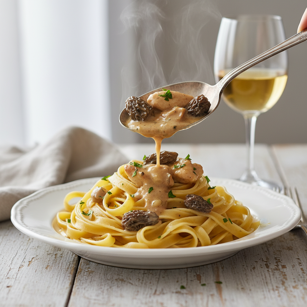 savourez le poulet aux morilles et vin jaune, un plat festif et raffiné typique du jura, alliant saveurs gourmandes et tradition régionale.