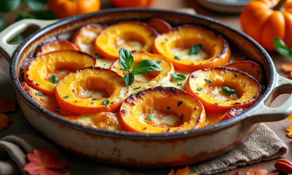 découvrez notre recette de gratin de potimarron au four, un plat fondant et réconfortant, parfait pour réchauffer vos soirées d'automne avec douceur et saveurs.