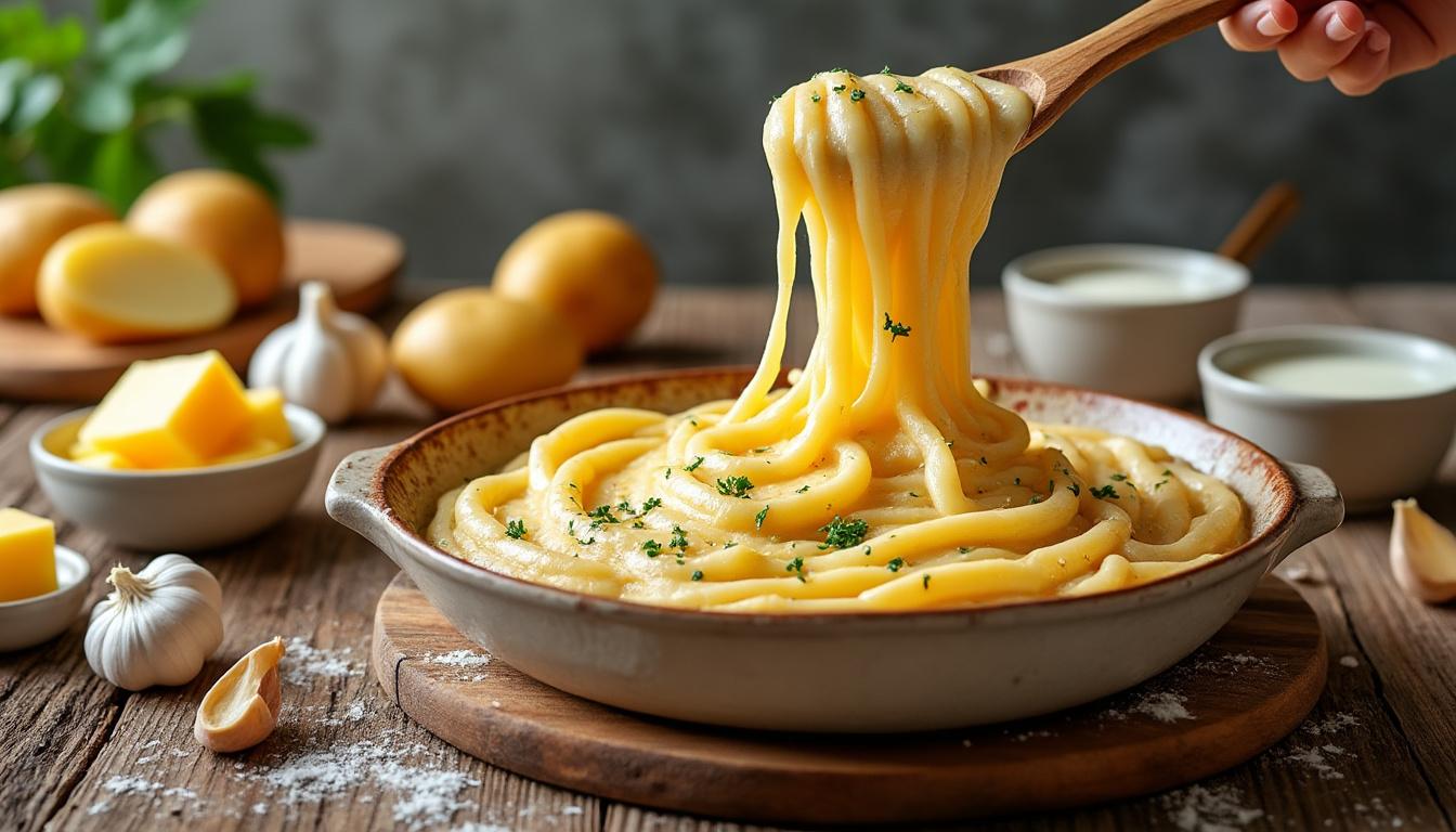 découvrez la recette traditionnelle de l'aligot, un plat crémeux à base de pommes de terre et de tome fraîche, accompagné de nos astuces pour réussir ce délice au fromage fondant.