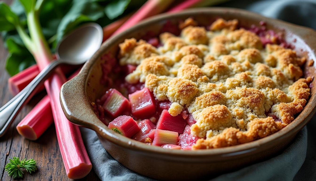 découvrez notre recette de crumble à la rhubarbe, un dessert fruité et croustillant parfait pour partager des moments gourmands en famille.