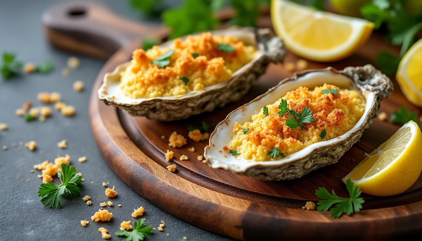 découvrez la recette facile des huîtres gratinées au four avec une chapelure dorée et croustillante pour un apéritif gourmand et simple à préparer.