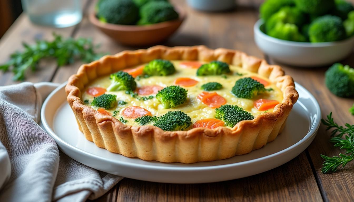 découvrez notre recette facile et rapide de quiche au saumon et brocolis, moelleuse et équilibrée, parfaite pour un repas savoureux et sain.