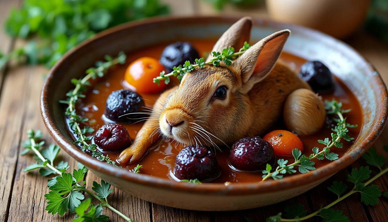 découvrez la recette du lapin aux pruneaux, un plat traditionnel et savoureux qui ravira vos papilles. facile à préparer, il allie douceur et raffinement pour vos repas en famille ou entre amis.