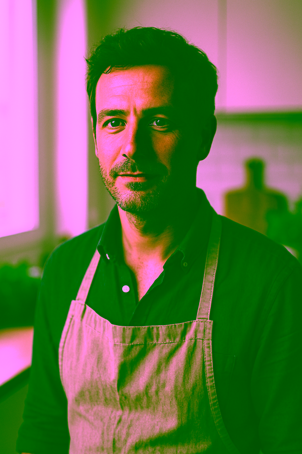 Homme avec tablier dans une cuisine lumineuse.